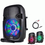 Enceinte mobile batterie 8"/20cm à LEDs RVB - 300W - USB/BT/FM + Micro + Câble PC - 3701123911712