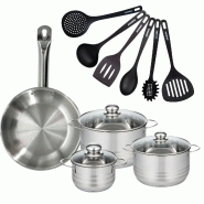 Batterie de cuisine avec 1 poêle 28 cm et 3 faitouts 16/20/24 cm avec 6 ustensiles de cuisine sans PFAS Fackelmann Etherna Brillant Fenix - gris inox
