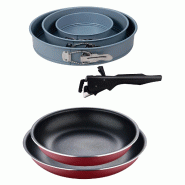 BERGNER - Ensemble de 2 poêles Ø22/26 cm en aluminium embouti rouge avec poignée amovible et ensemble de 3 moules ronds pour four Ø12/Ø18/Ø22 cm