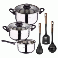 BERGNER - Batterie de cuisine 5 pièces 16/18/20cm en acier inoxydable compatible induction avec Set de 3 Ustensiles de Cuisine en PBT Noir et Cuivre