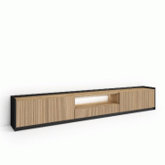 SKRAUT HOME Meuble TV, Banc Télé, Grand espace de Rangement, 310x37x50cm, Pour les TV jusqu'à 80", Led, Style moderne, Chêne et noir - beige Bois