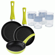 BERGNER - Ensemble de 3 poêles Ø20/Ø24/Ø28 cm en aluminium embouti Molen Vert avec ensemble de 4 verres 0,5 L NOIA - aluminium PK9386