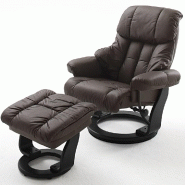 FAUTEUIL RELAX CLAIRAC ASSISE EN CUIR MARRON PIED EN BOIS NOIR AVEC REPOSE PIED