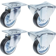 Roues fixes et pivotantes de 80 mm en caoutchouc noir sur roues centrales en acier embouti - S Roues fixes et pivotantes de 80 mm en caoutchouc noir sur roues centrales en acier embouti - S