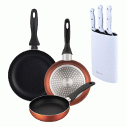 BERGNER - Set de 3 poêles Ø16/20/24 cm en aluminium pressé coloris cuivre métallisé avec lot de 3 couteaux en acier inoxydable avec bloc - PK9900