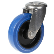 Roulette pivotante de 125 mm en acier inoxydable avec caoutchouc élastique bleu sur roue centrale en nylon. Roulette pivotante de 125 mm en acier inoxydable avec caoutchouc élastique bleu sur roue centrale en nylon.