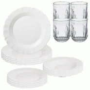 San Ignacio - Service de vaisselle 12 pièces blanc en verre opalin avec lot de 4 verres en cristal de 260 ml - blanc Verre opale PK9437