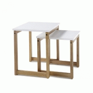 LOT DE 2 TABLES BASSES GIGOGNES REGAT PLATEAUX LAQUÉS BLANCS PIETEMENTS CHÊNE MASSIF