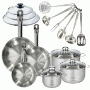Batterie de cuisine 3 poêles 20/24/28 cm et couvercles, 3 faitouts 16/20/24 cm et 6 ustensiles Fackelmann Eterna - gris inox 3176239935417_0
