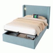 Merax Lit rembourré 90 x 200 cm avec rangements hydrauliques, veilleuse LED, ports USB/Type C et housse en velours bleu - bleu multi-matériau N634U0