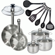 Batterie de cuisine 2 poêles 24/28 cm et couvercles, 3 faitouts inox 16/20/24 cm et 6 ustensiles Fackelmann Eterna - gris inox 3176239935295_0
