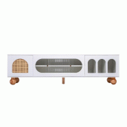 Buffet bas Merax avec porte en rotin et portes vitrées, meuble TV avec espace de rangement, meuble TV maison de campagne, table TV - blanc multi-mat�