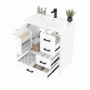 Merax meuble sous-vasque 76x46x83.5cm, meuble de salle de bain sur pied avec lavabo en céramique, étagère de porte, 4 tiroirs, blanc - blanc multi-