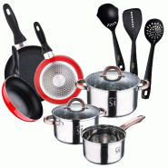 San Ignacio - Batterie de Cuisine Onil 5 pièces en Acier Inoxydable avec 3 Poêles Navy Red Ø16/20/24 cm et Set de 3 Ustensiles de Cuisine - PK11117