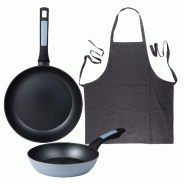 BERGNER - Jeu de 2 poêles Ø20/26 cm en aluminium pressé compatible induction avec tablier de cuisine gris foncé 100% coton 75x80 cm - PK9509
