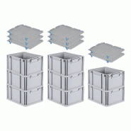 PROREGAL 8x Bac Euro NextGen Economy avec couvercle d'appui et 4 fermetures à glissière bleues poignées fermées 22x30x40cm 20L - noir plastique RM