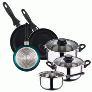 WellHome - Batterie de cuisine 5pcs en Acier Inoxydable avec Jeu de 3 Poêles Ø16/20/24cm Bleu métallisé en Aluminium Pressé - multi-matériau PK8192