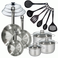 Batterie de cuisine 3 poêles 20/24/28 cm et couvercles, 3 faitouts 16/20/24 cm et 6 ustensiles Fackelmann Eterna - gris inox 3176239935301_0