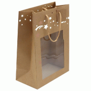 Sac kraft "Etoiles filantes" blanc fenêtre poignées papier 18+8x19cm - par 12