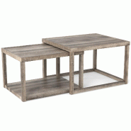COSTWAY Ensemble de 2 tables gigognes rectangulaires, tables basses gigognes empilables avec espace de rangement et structure en bois d'hévéa, gris