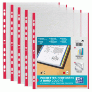 OXFORD Sachet de 10 Pochettes Perforées à Bande et Bords Colorés A4 Polypro Lisse Epaisseur 9/100ème Rouge - 3045050019227