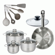Batterie de cuisine avec 3 faitouts 16/20/24 cm et 1 poêle 28 cm avec 6 ustensiles de cuisine Fackelmann Etherna Brillant Vario avec couvercles - gri