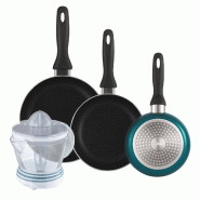 BERGNER - Set de 3 Poêles Ø16/20/24cm en Aluminium Pressé Coloris Bleu Métallisé avec Presse-agrumes NATURALLY 40W 1,2L - PK9848