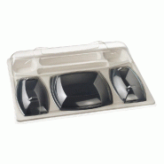 Kit plateau repas Gala vaisselle et raviers bagasse noire couvercles rPET 43,2x3