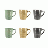 Novastyl - Lot 6 Mugs Coffee Time 37cl En Gres 3 Couleurs Assorties - 3256391044797