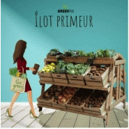 Présentoir fruits légumes double îlot primeur bois style ferme &amp; campagne - 170cm - avec caisses/cagettes