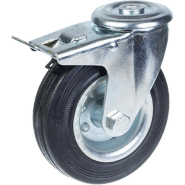Roulette pivotante/frein de 125 mm en caoutchouc noir sur roue centrale en acier embouti Roulette pivotante/frein de 125 mm en caoutchouc noir sur roue centrale en acier embouti