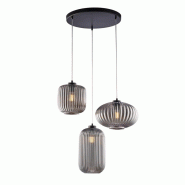 BeLight Suspension Glamour fer noir, câbles réglables, verre soufflé miroir gris décor rayé, 3 lumières, look élégant - gris 8057724580808