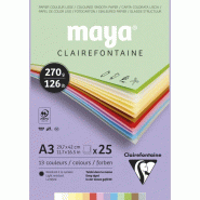 Clairefontaine Lot de 3 Bloc encollé de 25 feuilles de papier Maya, 270 g/m², A3, coloris assortis pastels - 3329689753371