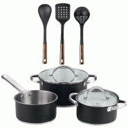 BERGNER - Batterie de cuisine 5 pcs 16/18/20cm en Acier Inoxydable Compatible Induction avec Set de 3 Ustensiles de Cuisine en PBT Noir et Cuivre - mu BERGNER - Batterie de cuisine 5 pcs 16/18/20cm en Acier Inoxydable Compatible Induction avec Set de 3 Ustensiles de Cuisine en PBT Noir et Cuivre - mu