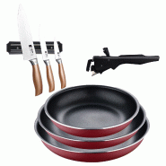 BERGNER - Ensemble de 3 poêles Ø18/20/24 cm en aluminium embouti rouge avec poignée amovible et 3 couteaux en acier inoxydable avec support magnét