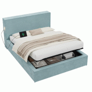 Merax Lit capitonné 140 x 200 cm avec rangements hydrauliques, liseuse, USB & USB-C, sommier à lattes, tête de lit capitonnée & housse velours, bl