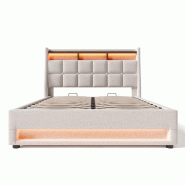 Merax Lit capitonné , housse en coton et lin, lit coffre avec port USB + LED 160x200cm, beige - beige multi-matériau AB20122728B
