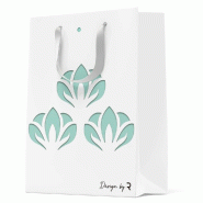 Sac luxe blanc découpe fleurs turquoise poignées ruban 11x6x14 cm - par 12