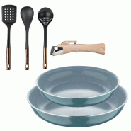 BERGNER - Jeu de 2 Poêles Ø24/28cm en Aluminium Pressé Recyclé Vert avec Poignée Amovible et Jeu de 3 Ustensiles de Cuisine en PBT noir et cuivre