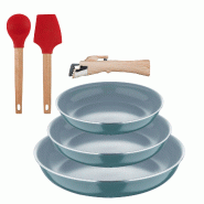 BERGNER - Jeu de 3 poêles Ø18/20/24 cm en aluminium pressé recyclé vert avec manche amovible avec jeu de 2 ustensiles de cuisine EXCALIBUR - PK9685