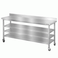 Table de travail en inox Bar 2000x600 mm avec 3 étagères inférieures et dosseret sur roulettes PREMIUM - GOLDINOX - gris inox 3701770835157