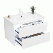 Merax vasque 76×46×48.5cm, meuble de salle de bain suspendu, finition entièrement laquée, LED, 2 tiroirs, vasque intégrée en céramique, blanc -