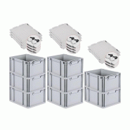 PROREGAL 8x Bac Euro NextGen Economy couvercle à charnières, fermetures à glissière noires, poignées fermées, 22x30x40cm, 20L - noir plastique R PROREGAL 8x Bac Euro NextGen Economy couvercle à charnières, fermetures à glissière noires, poignées fermées, 22x30x40cm, 20L - noir plastique R