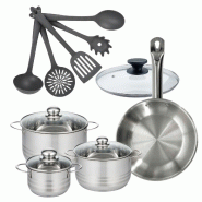 Batterie de cuisine avec 3 faitouts 16/20/24 cm et 1 poêle 28 cm avec 6 ustensiles de cuisine Fackelmann Etherna Brillant Clip avec couvercles - gris