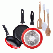 BERGNER - Jeu de 3 poêles Ø16/Ø20/Ø24 cm en aluminium pressé compatible induction Navy Red avec set de 3 ustensiles en silicone et bois - PK9278