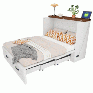 Merax lit escamotable 140x200 cm, lit pliant coulissant rangé dans un buffet, prise UE, roulettes, cadre métal, blanc - blanc multi-matériau LDS006
