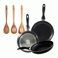 BERGNER - Jeu de 3 Poêles aluminium Pressé Ø16/20/24cm Compatible Induction Navy Black avec Set 3 pièces Ustensiles de Cuisine 32,8x33x7x1,4cm Xma