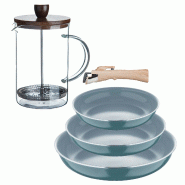 BERGNER - Ensemble de 3 poêles Ø18/20/24 cm en aluminium embouti recyclé vert avec poignée amovible et cafetière à piston en verre borosilicate