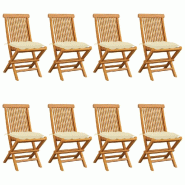 VidaXL Chaises De Jardin Et Coussins Blanc Crème Lot De 8 Teck Massif - blanc 3072934