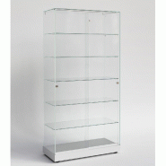 Vitrine colonne verre trempé sur socle mélaminé blanc et roulettes 90x46x182 cm